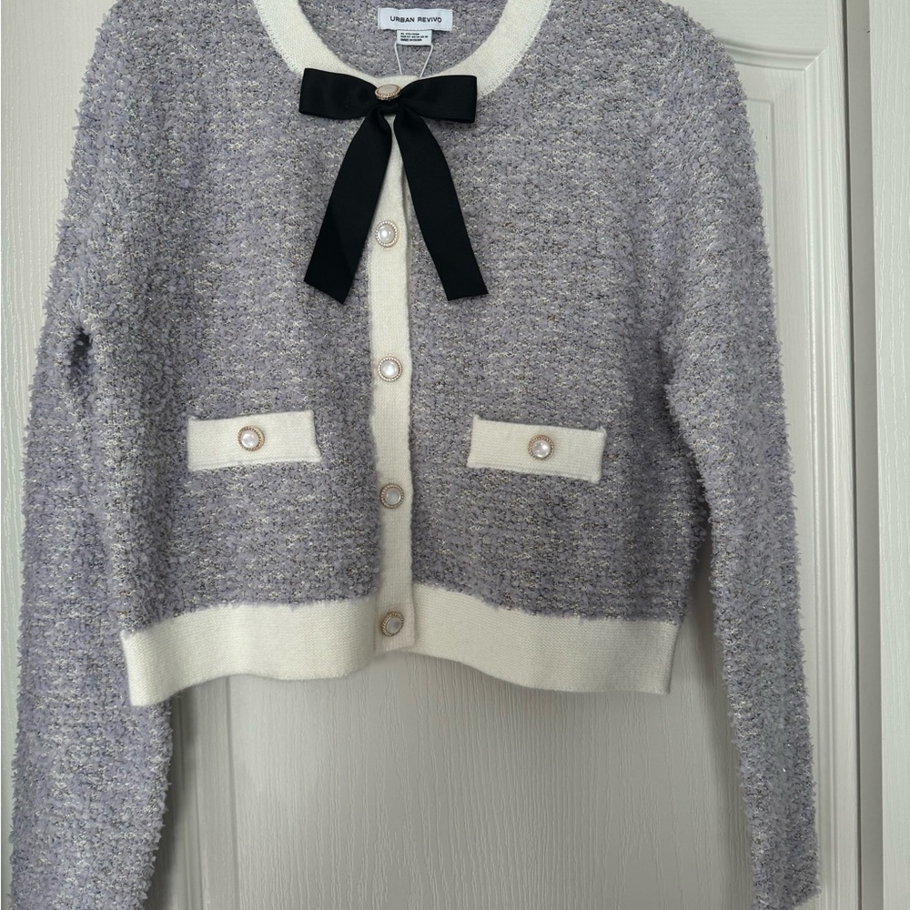 Urban Revivo women’s knit Cardigan XL purple white pearl buttons bow detail
